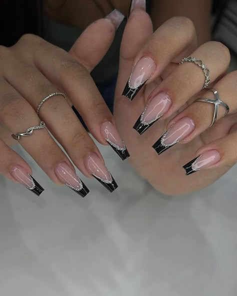 Ballerina Nails Black Design, Black Acrylic Nails, Fancy Nails Designs, Formal Nails, Blush Nails, French Acrylic Nails, Glow Nails, Long Acrylic Nails Coffin, Acrylic Nails Coffin Pink