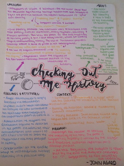 Checking out me history - John Agard //poem revision sheet Checking Out Me History Analysis, Checking Out Me History Poem Analysis, Revision Organisation, Macbeth Display, Art Revision, History Revision Notes, Power And Conflict Poetry Revision, English Analysis, Revision Methods