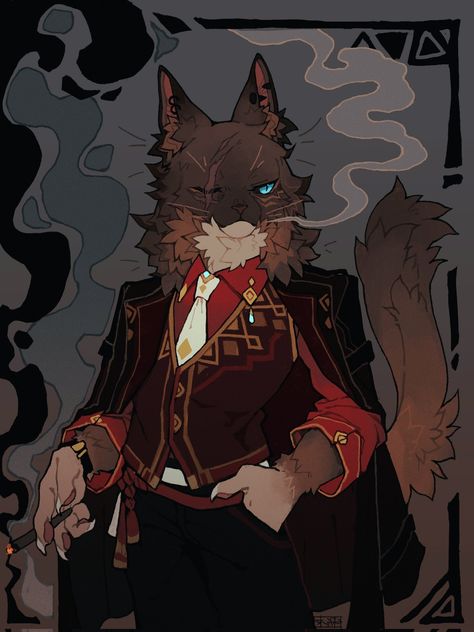 Coat On Shoulders, Scar Across Eye, Hand In Pocket, Looking To The Side, Eye Shirt, Canine Drawing, Background Brown, Cat Boy, Boy Cat