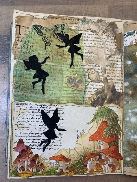 Decorate a journal page using tissues and a book page Fairy Art Journal Page, Fantasy Art Journal, Gcse Art Fantasy Theme, Fantasy Journal Ideas, Fantasy Journal Pages, Decorate A Journal, Fantasy Scrapbook, Cottagecore Journal, Fantasy Journal