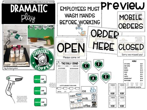 Starbooks Cafe dramatic play Starbucks Dramatic Play Coffee Shop, Starbucks Dramatic Play, Cafe Dramatic Play, Dramatic Play Preschool, Dramatic Play Centers, Play Sets, Social Emotional Skills, Kindergarten Teaching, Teacher Tips