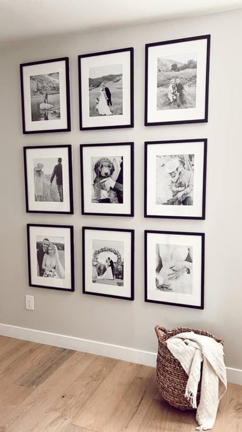 Gallery Wall Rectangle Frames, 9 Picture Frames On The Wall, Wall Picture Frames Living Room, Modern Picture Frames Wall, Display Engagement Photos In Home, Neutral Seating Area, Pretty Home Decor Ideas, Round Mirror Kitchen Wall, Modern Photo Collage Wall