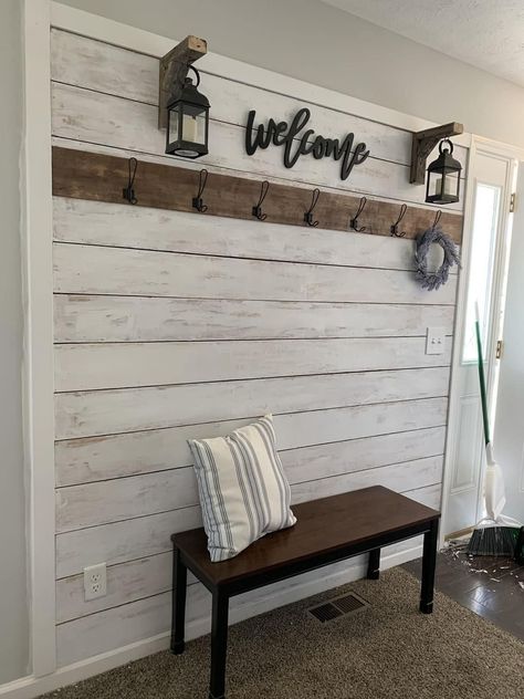 Pallet Wall Entryway, Accent Wall Ideas For Entry Way, Farmhouse Half Wall Ideas, Front Door Shiplap Wall, Diy Wall Planks, Diy Mud Wall, House Entry Wall Design, Hallways Decorating Ideas, Large Entry Way Ideas Farmhouse