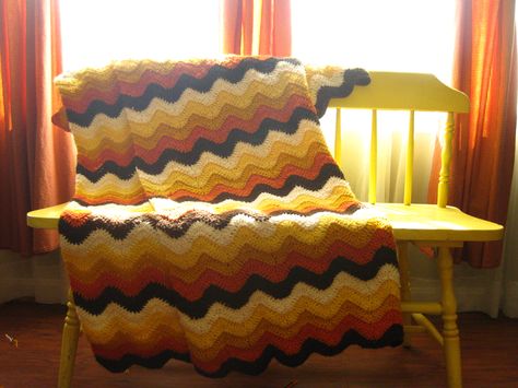 Retro all the way baby! A customer requested this 70's throw back, crochet Chevron stitch/ripple stitch afghan in wonderful 70's colors! Good stuff never goes out of style! 70s Crochet Afghan, 70s Afghan Blanket, 1970s Crochet Blanket, Crochet Blanket Yellow, Crochet Blanket 70s, 70s Knitwear, 70s Crochet Blanket, Crochet Chevron Stitch, 70s Blanket