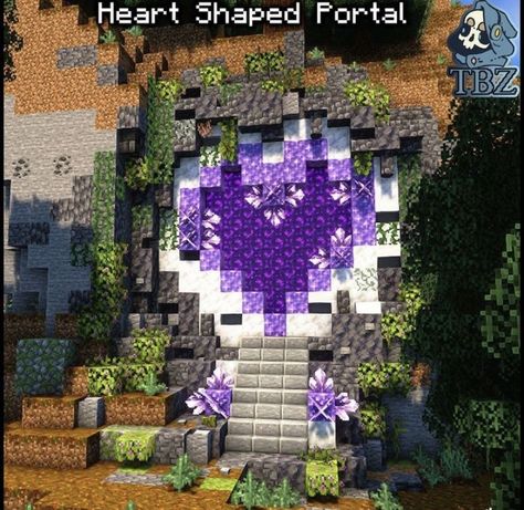 Minecraft Heart, Minecraft Portal, Amethyst Cave, Amethyst Decor, Minecraft W, Heart Shaped Amethyst, Goth Houses, Minecraft Video Games, Portal Design