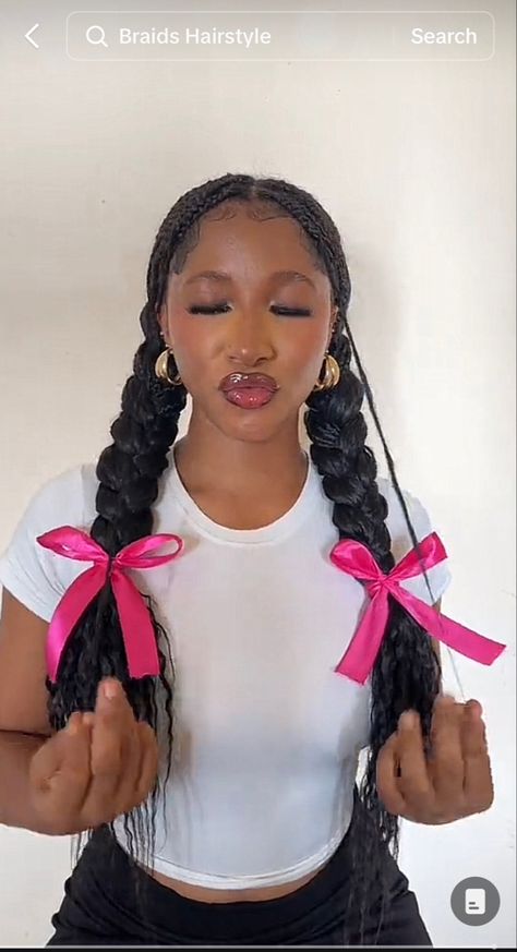 Bow Braids Hairstyles, Hair Bows On Braids, Two Big Braids For Black Women, Two Braided Pigtails Black Women, 4c Protective Hairstyles Braids, Unique Knotless Braids Hairstyles, Hollywood Braids, Unique Protective Hairstyles Black Women, Cute Easy Protective Hairstyles