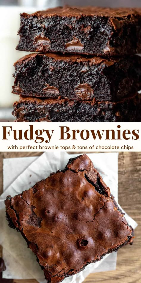 These homemade brownies are incredibly fudgy with the perfect chocolate flavor. They're made from scratch with cocoa powder and other simple pantry ingredients. You'll love their slightly gooey centers and perfect crinkly brownie tops. #brownies #homemadebrownies #gooeybrownies #cocoabrownies from Just So Tasty Choc Chip Brownies Recipe, Fudgy Gooey Brownies, Brownie Recipes Chocolate Chips, Better Than A Boyfriend Brownies, Gooie Chocolate Brownies, Cadbury Brownies Recipes, Fudgy Brownie Recipes With Cocoa Powder, Brownie Recipes Gooey, Thick Gooey Brownies