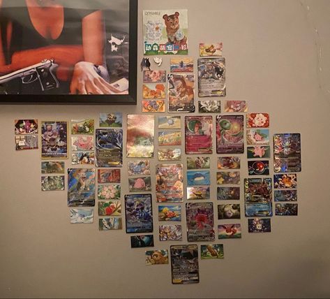 Pokemon Card Decor Ideas, Pokemon Card Wall Decor, Pokemon Card Decor, Pokemon Card Display, Uni Flat, Flat Bedroom, Pokemon Room, Dorm Inspo, Card Display