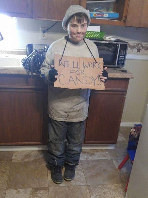 Last minute Halloween costume. Homeless man holding "will work for candy" sign Homeless Woman Costume, Diy Homeless Costume, Easy Male Halloween Costumes Diy, Homeless Halloween Costume, Easy Last Minute Costumes Men, Easy Guy Halloween Costumes Last Minute, Quick Easy Male Halloween Costumes, Homeless Costume, Easy Guys Halloween Costumes