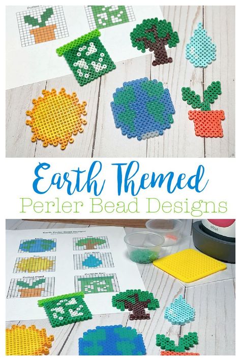 6 Perler Bead/ fuse bead designs with an Earth theme. Perfect for Earth Day, or any day. Includes an Earth, Sun, tree, raindrop, potted plant, and a recycle can. Lds Perler Bead Patterns, Raindrop Plant, Perler Bead Designs, 2023 Crafts, Hamma Beads, Melty Beads, Holiday Pins, Melting Beads, Pixel Pattern