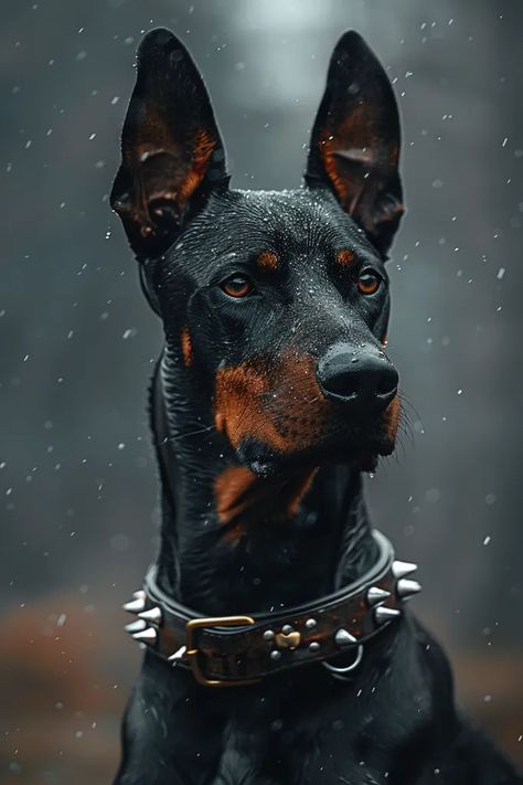 The image is a close-up of a black Doberman Pinscher. The dog is wearing a spiked collar and looking to the right of the frame ->> more details in ai-img-gen.com Black Doberman Pinscher, Doberman Collar, Dark Setting, City Environment, Spiked Collar, Black Doberman, Angry Dog, Guard Dog, Dark City