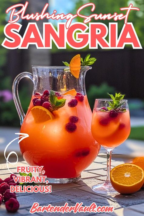 Planning a cocktail party and need a sangria recipe that’s as stunning as it is delicious? The Blushing Sunset Sangria is a show-stopping addition to your collection of pretty cocktails and just one of the many breathtaking pretty alcoholic drinks featured in our easy-to-follow cocktail recipes to elevate your alcoholic drinks aesthetic. Save this pin now and bring the beauty of a sunset to your next gathering with this irresistible drink! Alcoholic Drinks Aesthetic, Easy Party Punch, Drinks Aesthetic, White Cranberry Juice, Pretty Alcoholic Drinks, Alcoholic Punch, Pretty Cocktails, Lavender Syrup, Sugared Cranberries