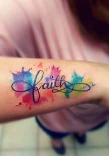 Colored splash faith tattoo | www.otziapp.com Watercolor Name Tattoo, Watercolor Name, Font Tato, Rainbow Tattoos, Tattoo Background, Faith Tattoo, Tattoo Zeichnungen, Inspiration Tattoos, Cat Tattoos