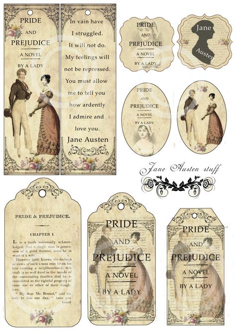 Jane Austen Pride And Prejudice, Jane Austin, Jane Austen Books, Arte Fantasy, Reading Journal, Digital Collage Sheets, Vintage Printables, Vintage Labels, Pride And Prejudice