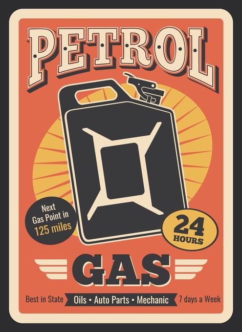 Vector retro poster of gas jerrycan Gasoline Station, Gas Canister, Shop Illustration, Jerry Can, Auto Spare Parts, Car Service, Web Design Trends, Oil Change, Car Shop