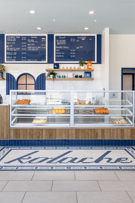 restaurant design DFW Kolache Shoppe Celina Texas floor mural Blue Coffee Shop, Greece Cafe, Bakery Interior Design, Celina Texas, Bakery Interior, Bakery Design Interior, Food Kiosk, Public Space Design, Floor Murals