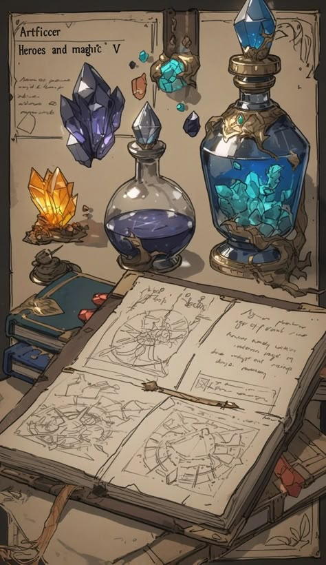 Fantasy Items Concept, Artificer Dnd Art, Dnd Artifacts, Apothecary Concept Art, Potion Concept Art, Potion Shop Fantasy Art, Potions Fantasy Art, Fantasy Potions Bottles, Nova Art