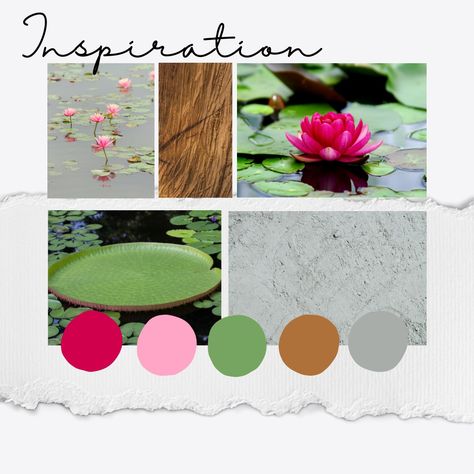 The bright colors of a lotus pond and the beautiful greens of the lotus leaves can be a great color combination for a interior space. Grey creates the perfect balance for these bright colors and can be used as neural color for the back drop. Lotus Inspired Fashion, Lotus Mood Board, Lotus Lamp, Fashion Boards, Lotus Pond, Procreate Tutorial, Concept Board, Mood Board Inspiration, Color Palate