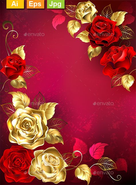 Greeting card with red and gold jewelry roses with gold leafs on a red textured background. Design with gold roses.EPS10, AI and J Red Textured Background, Red And Gold Jewelry, Jewelry Roses, Gold Wallpapers, Embroidery Home Decor, Gold Roses, Rhinestone Crafts, Mosaic Kit, Mosaic Pictures