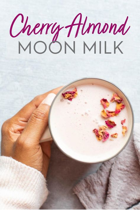 This moon milk is made from tart cherry juice, warm almond milk, and honey. Sip this pretty pink drink to help you fall asleep faster tonight! #moonmilk #healthyrecipes #sleep #plantbased Moon Milk Recipe, Cherry Drink, Moon Milk, Tart Cherry Juice, Pink Drink, Cherry Almond, Cherry Juice, Vegetable Drinks, Cherry Tart