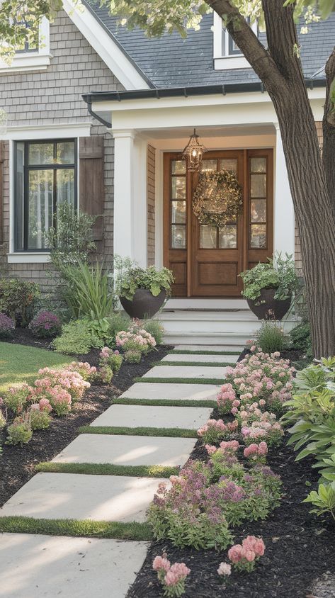 Window Well Front Of House, Simple Home Landscaping Ideas, Front Of House Design Ideas, Landscaping White Brick House, Landscape Design Ranch Style House, Country Home Curb Appeal, Charleston Landscaping Front Yard, Stairs Leading To Front Door Entrance, Farmhouse Landscaping Front Yard Country