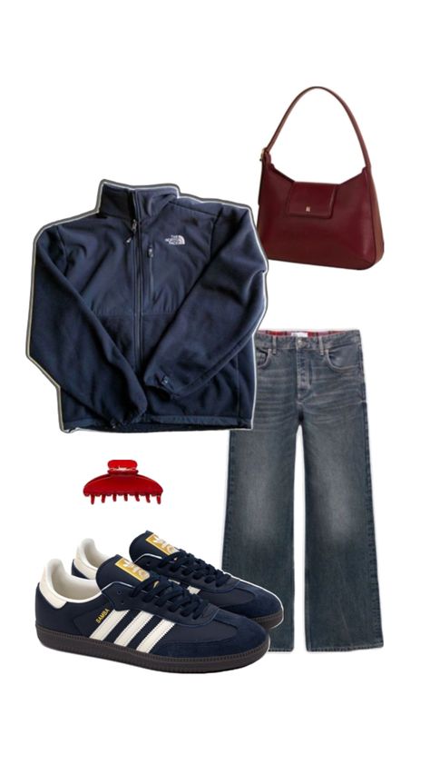 north face adidas sambas fleece jeans outfit inspo blue denim red accessories bag North Face Fleece Outfit, Winter Streetstyle, Fleece Outfit, Adidas Sambas, Red Accessories, Accessories Bag, Adidas Outfit, North Face Fleece, Street Style Winter