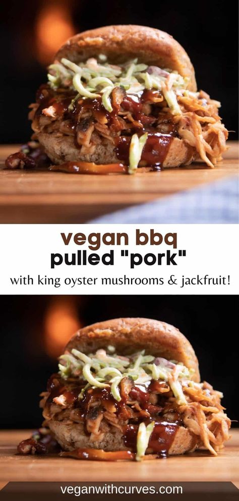 This king oyster mushroom pulled pork sandwich is vegan and made with mushrooms, jackfruit, and red beans! A meaty sandwich that will surely satisfy your BBQ cravings! Oyster Mushroom Pulled Pork, Mushroom Pulled Pork, King Oyster Mushroom Recipe, King Oyster Mushroom, King Oyster Mushrooms, Vegan Pulled Pork, Vegetarian Sandwich Recipes, King Oyster, Vegan Sandwiches