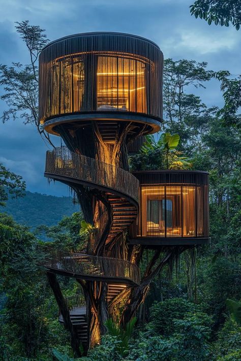 Organic architecture cascading canopy tree house in a tropical forest. Discover how organic architecture harmoniously blends homes with nature while offering stunning designs and sustainable living. Forest House Architecture, Forest Inspired Architecture, Modern House On Stilts, Tree In Building Architecture, Tree Through Roof, Treetop Village, Nature Inspired Architecture, Treehouse Design Architecture, Futuristic Tree House