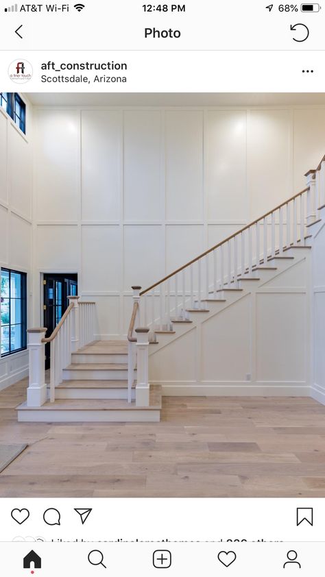 Two Story Foyer Ideas Entryway, Pine Stair Treads, Stairway Wall, Stair Paneling, Foyer Ideas Entryway, Staircase Wall Decor, Stairs In Living Room, Entry Stairs, Family Room Walls