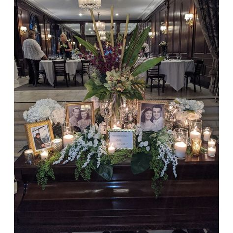 Memorial tables are a unique way to honor your loved ones that are no longer with you. Our piano and credenzas are perfect for that. Memorial Dinner Decorations, Memorial Service Table Ideas, Memorial Table At Wedding Display, Memorial Table Ideas, Memorial Table At Wedding, Memorial Tables, Eulogy Ideas, Ghost Table, Memorial Board