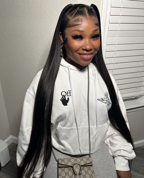 2 Pigtails Half Up Half Down Straight Hair, Wig Style Ideas Black Women, Frontal Hairstyles Ideas Straight, Straight Hair Wig Styles, Dope Hairstyles Black Women, Lace Wigs Styles, Two Ponytails, Frontal Wig Hairstyles, Birthday Hairstyles