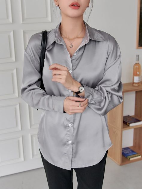 [Promotion] Grey Elegant Long Sleeve Polyester Plain Shirt Non-Stretch Spring/Fall Women Tops, Blouses And Tee #fashiontopsblousesimple Grey Satin Shirt Outfit, Grey Silk Shirt Outfit, Vintage Prom Dresses With Sleeves, Grey Blouse Outfit, Satin Outfit Ideas, Gray Shirt Outfit, Satin Shirt Outfit, Silk Shirt Outfit, Satin Blouse Outfit