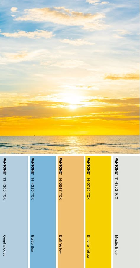 Pantone Color Palette #pantone #color #palette Sky Blue Yellow Color Palette, Sunscreen Color Palette, Here Comes The Sun Color Palette, Sunlight Color Palette, Beach Sunrise Color Palette, Sunny Day Color Palette, Sun Rise Color Palette, Sun Colour Palette, Yellow Pantone Colour Palettes