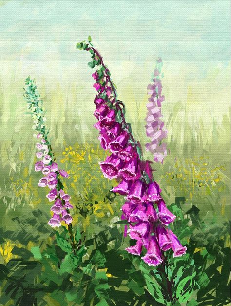 Foxglove Painting Acrylic, Foxglove Flower Painting, Foxglove Wallpaper, Painting Foxgloves, Foxglove Painting, Foxglove Art, Garden Murals, Kitchen Mural, Fox Gloves