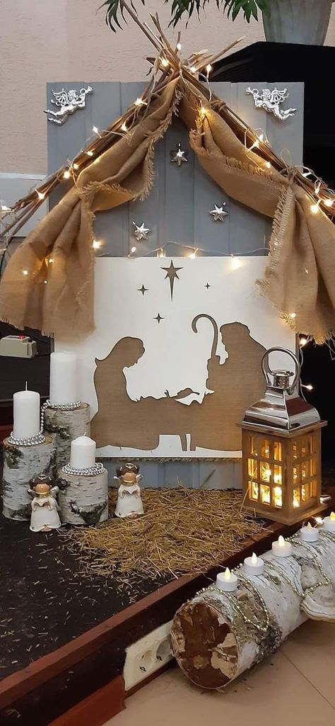 Christmas Nativity Scene Display, Christmas Crib Ideas, Church Christmas Party, Nativity Scene Display, Ward Christmas Party, Church Christmas Decorations, Christmas Stage, Christmas Program, Christmas Church