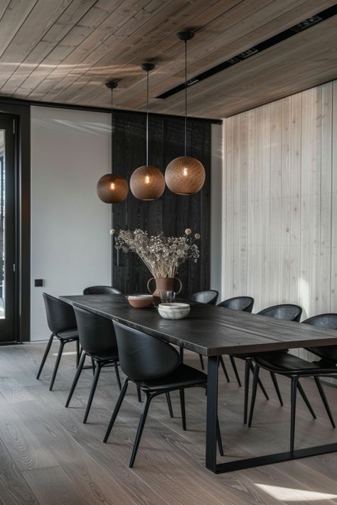 What Color Chairs Go with a Black Table Dark Contemporary Dining Room, Industrial Modern Dining Room, Condo Dining Room Ideas, Black Dinner Table, Dining Room Table Light, Wooden Dining Table Modern, Black Dining Room Table, Fluted Panel, Christmas Dining Table Decor