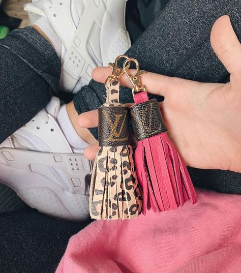 Upcycled Louis Vuitton Tassel Keychain with gold lobster claw. Repurposed Louis Vuitton, Louis Vuitton Wristlet Keychain, Lv Keychain Wallet, Louis Vuitton Key Chain, Louis Vuitton Keychain Wallet, Lv Bag Charm Louis Vuitton, Louis Vuitton Accessories Key Chains, Preppy Car Accessories, Louis Vuitton Keychain