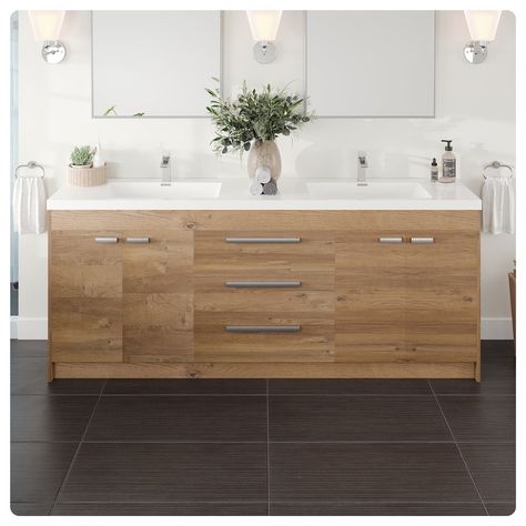 Eviva Lugano 84"W x 20"D Natural Oak Double Sink Bathroom Vanity with White Acrylic Countertop and Integrated Sinks - On Sale - Bed Bath & Beyond - 40987203 Double Sink Bathroom Ideas Modern, 60 Inch Vanity Double Sink, Modern Vanity Design, Double Sink Bathroom Ideas, 72” Bathroom Vanity, Bathroom Vanity Double Sink, 60 Inch Vanity, Acrylic Countertop, Wooden Bathroom Vanity