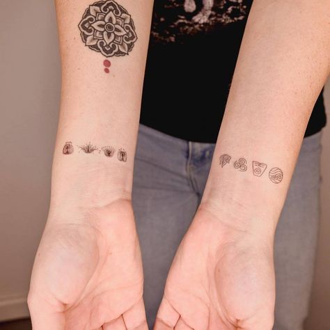 'Avatar: The Last Airbender' element symbols tattooed Avatar The Last Airbender Element Tattoo, Avatar Tattoo Ideas The Last Airbender, Avatar Aang Tattoos, Avatar The Last Airbender Tattoo, Avatar Tattoo, Line Tv, Elements Tattoo, Element Symbols, Symbol Tattoos