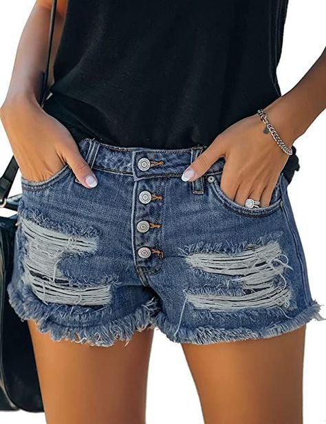 #womenfashion #denimshorts #rippedjeans Light Blue Ripped Jeans, Destroyed Denim Shorts, Blue Ripped Jeans, Ripped Jean Shorts, Style 2023, American Flag Print, Destroyed Denim, Mini Robes, Maxi Robes