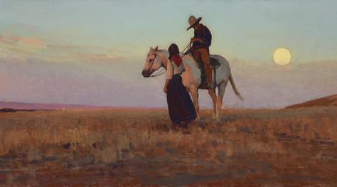 A Cowboy's Romance 16x30 - Cowboys and Indians Magazine Glenn Dean, Cowboy Romance, Western Artwork, Western Romance, Baked Alaska, Bg Design, Into The West, Western Paintings, Western Aesthetic