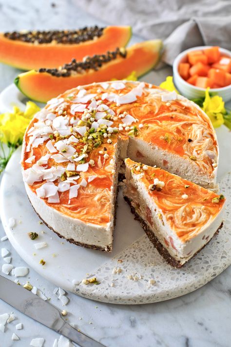 No Bake Papaya Cheesecake Recipe — Ruby Rise Red Papaya Papaya Recipes Dessert, Papaya Dessert, Papaya Recipe, Papaya Recipes, Cook Vegetarian, 2023 Recipes, Healthier Desserts, Vegetarian Cooking, Food For The Soul