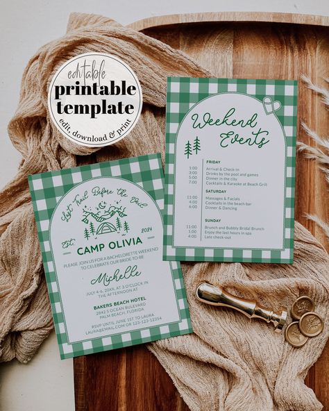 Get ready for an unforgettable adventure with our Camp Bachelorette Weekend Itinerary Template. Easily edit, download, and print this glamping bach schedule. Perfect for the adventure bride's hen do weekend. Includes retro camp bach decoration ideas, last trail veil invite, and camp themed decorations. Get your hens party started with our bachelorette logo and weekend schedule. ✅ INSTANT ACCESS ✅ EDIT ALL TEXT/FONT & FONT COLOR ✅ PRINT AT HOME OR PROFESSIONALLY ✅ PRINTING SERVICE 👉 https://bit. Camp Bach Itinerary, Camp Bachelorette Party Itinerary, Camp Bachelorette Invitations, Camp Bachelorette Itinerary, Camp Bachelorette Decor, Camp Bach, Camp Bachelorette Theme, Camp Bachelorette Party, Bachelorette Schedule