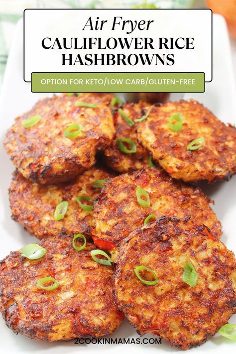 Get ready for some seriously tasty Air Fryer Cauliflower Rice Hash Browns! They come out all crispy on the outside, super tender on the inside, and packed with flavor. Whip them up effortlessly in your air fryer – it's a breeze! Plus, they're light on the calories, so you can munch away guilt-free. Swap out those regular hash browns for this healthier, tastier version! #airfryercauliflowerhashbrowns Air Fryer Cauliflower Hashbrowns, Cauliflower Rice Air Fryer Recipes, Cauliflower Rice Hashbrowns, Cauliflower Hash Browns, Cauliflower Hashbrowns Easy, Breakfast Cauliflower, Cauliflower Fritters Air Fryer, Crispy Cauliflower Rice, Seasoned Cauliflower Rice