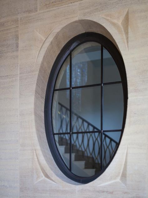 oval curved metal window with vertical and horizontal transoms Dining Window, Bronze Windows, Oval Windows, Circular Window, Small Bathroom Window, Circle Window, Window Remodel, Modern Window Design, Round Windows