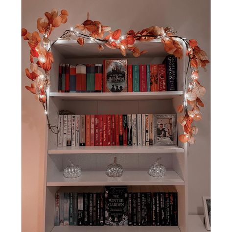 Autumn Bookshelf Decor, Fall Bookcase Decor, Autumn Bookshelf, Fall Bookshelf Decor, Halloween Bookshelf, Fall Bookshelf, Literary Decor, Book Shelf Styling, Halloween Bedroom Decor