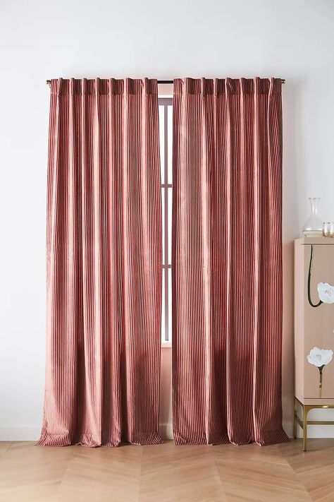 Fiora Ribbed Velvet Curtain | Anthropologie Pink Velvet Curtains, Unique Curtains, Pink Curtains, Curtain Hardware, Red Curtains, Home Styling, Home Curtains, Velvet Curtains, Window Drapes