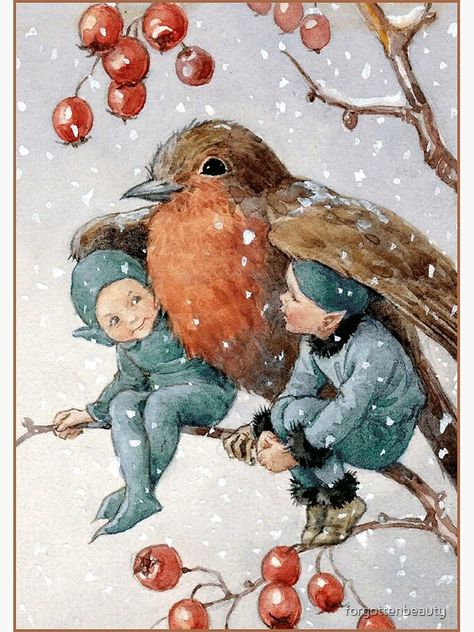 "Christmas Elves Sheltering with a Robin - Margaret Tarrant" Greeting Card by forgottenbeauty | Redbubble Margaret Tarrant, 동화 삽화, A Robin, Christmas Elves, Vintage Christmas Card, Cat Air, Images Vintage, Flower Fairies, Illustration Vintage