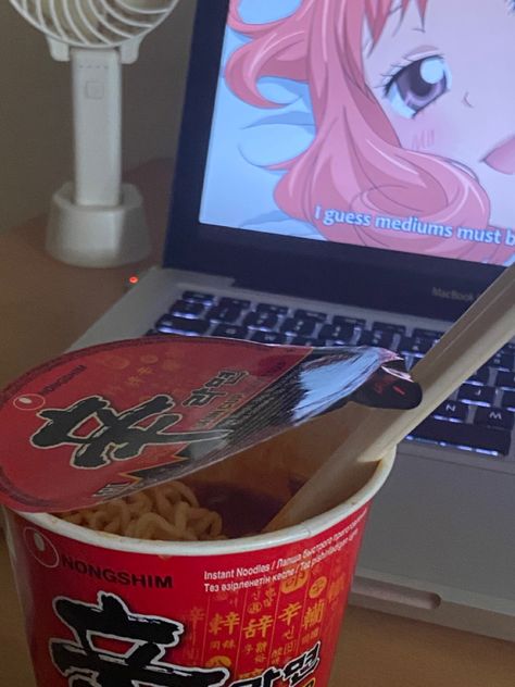 Watching In Laptop Aesthetic, Shin Ramen Aesthetic, Watching Laptop Aesthetic, Eating Noodles Aesthetic, Anime Eating Noodles, Anime Ramen Aesthetic, Watching Anime On Laptop, Ramyeon Aesthetic, Watching Movies Aesthetic Night Laptop