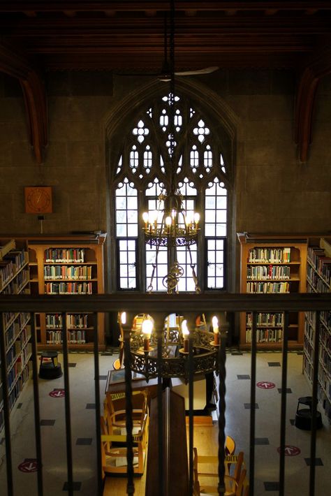 Dark, cozy library with large gothic window University Of Toronto Library, Emmanuel College Boston, Uni Motivation, Knox College, New England Autumn, Toronto Library, Emmanuel College, England Autumn, Leaving The Country